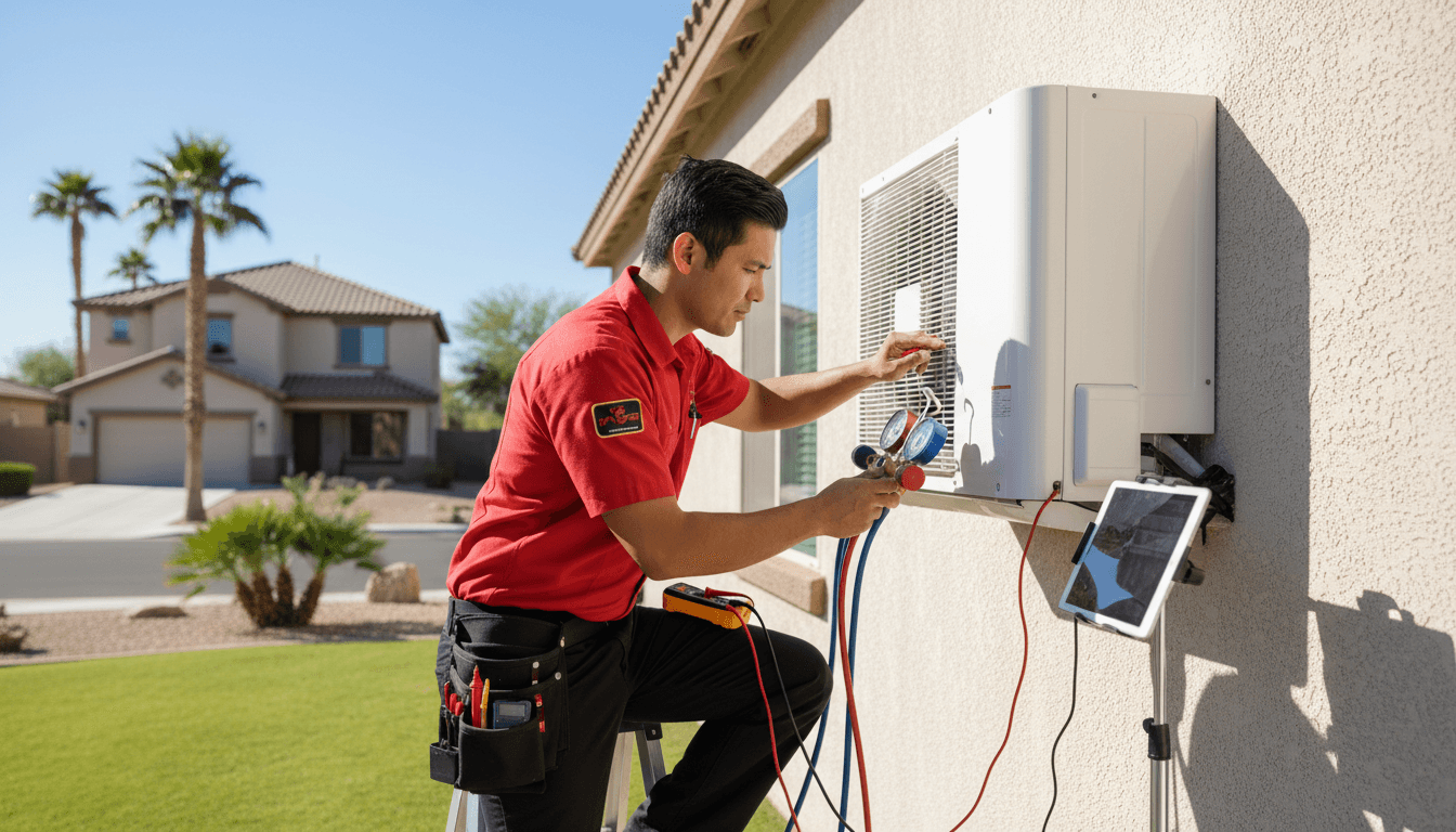 Professional HVAC technician servicing air conditioning unit in Phoenix